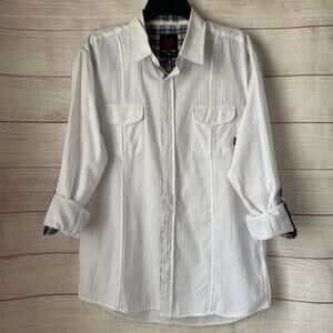 One90One White Button Up Shirt with Plaid Detail Long Roll Tab Sleeves Size L